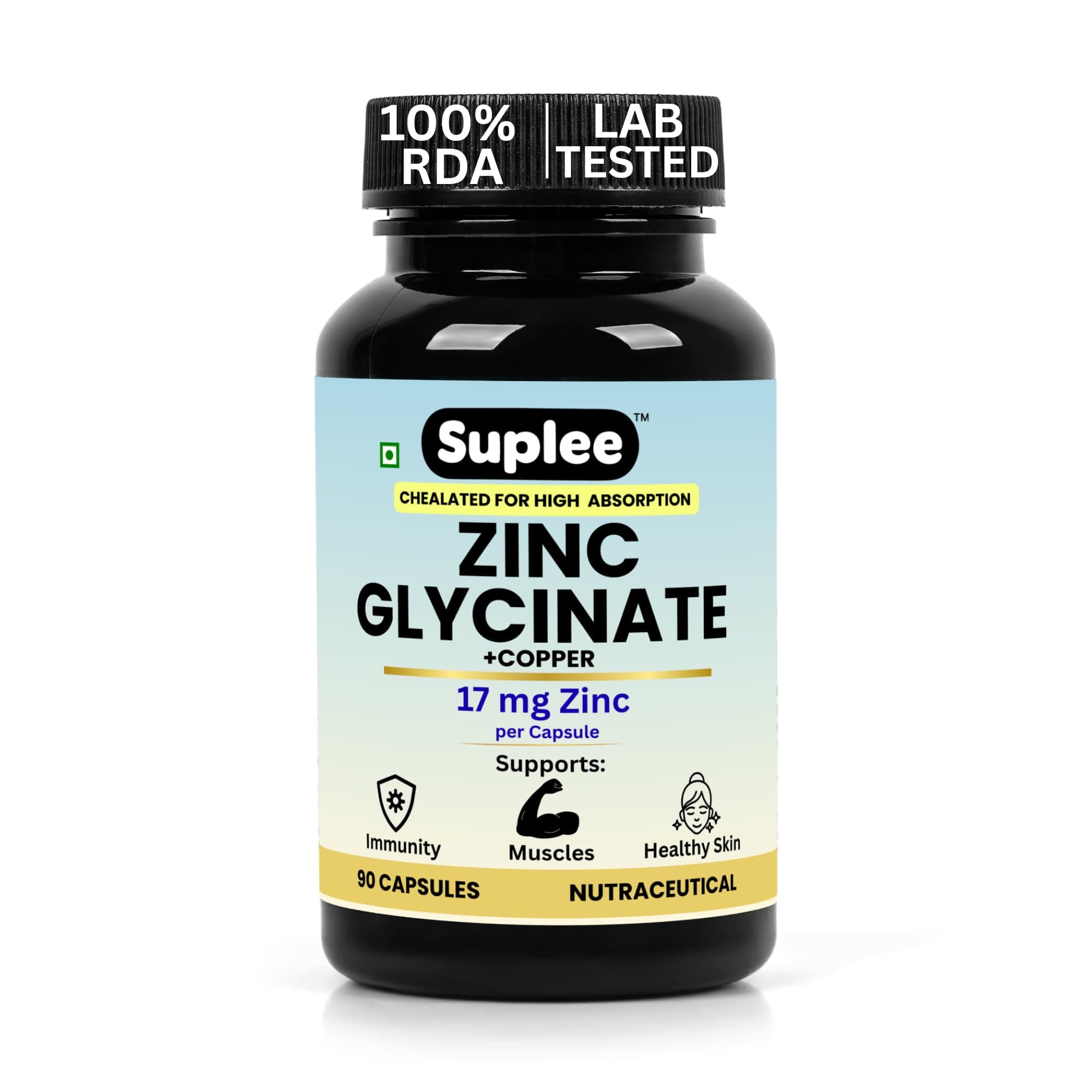 Suplee Zinc Glycinate with Copper Supplement | 17mg Zinc & 1.7mg Copper | High Absorption Chelated Formula for Immunity, Skin & Muscle Health | 90 Veg Capsules (Lab Tested)