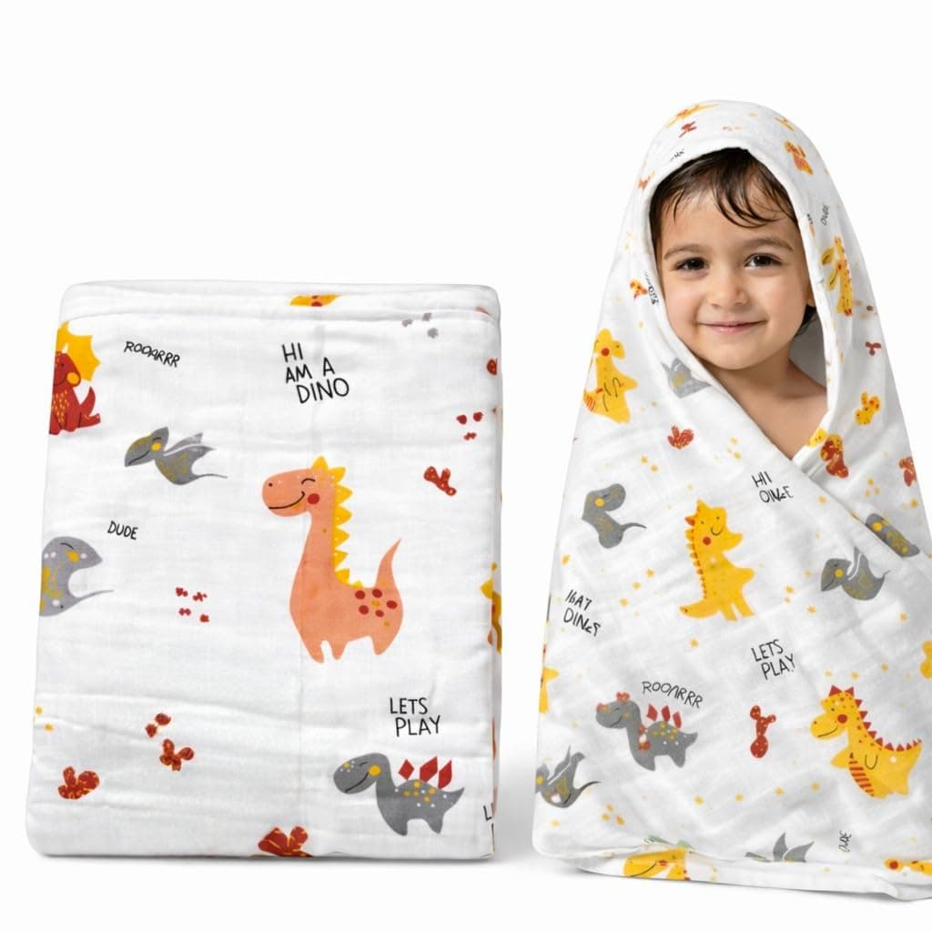 MomNess Premium 100% Pure Cotton Kids Muslin Towel, 3-12 Years Old, Baby Burp Cloth, washcloth, Lightweight, Breathable, Natural Dyes, Unisex (MNKT Dino)