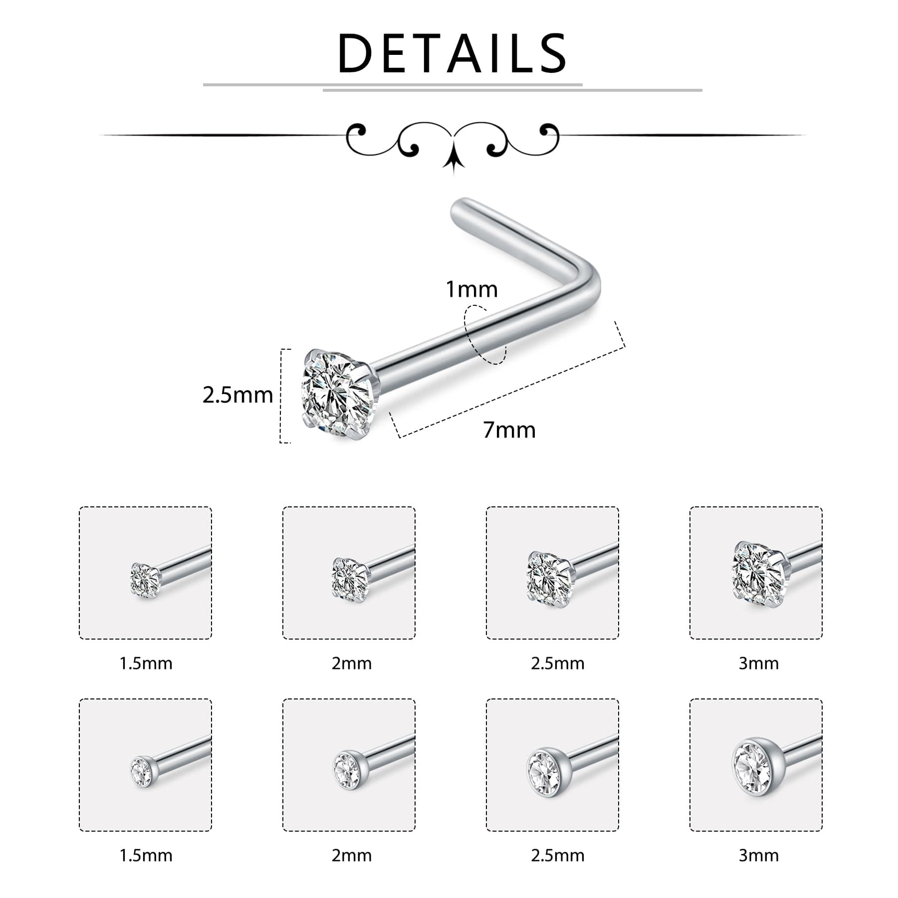 D.Bella 20G Stainless Steel Nose Rings - 20 Gauge Hoops & Studs - Flower, Heart, Diamond & L-Shaped Nostril Nose Piercing Jewelry for Women & Men