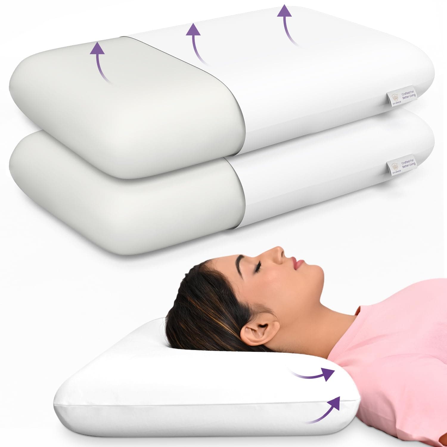 MY ARMOR Orthopedic Memory Foam Pillow for Comfortable Sleep, King Size (Pack of 2), White