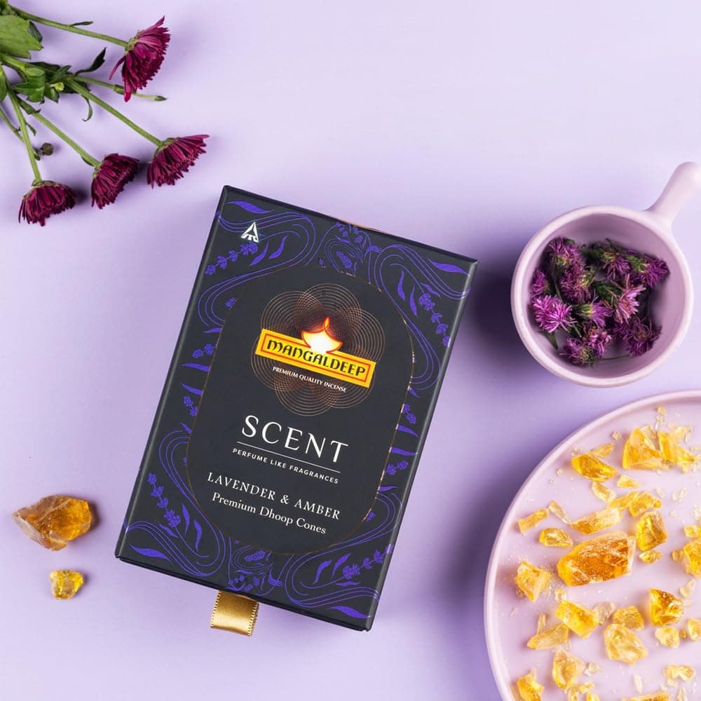 Mangaldeep Scent Premium Bambooless Dhoop Cones - with Lavender and Amber fragrances (40 cones)