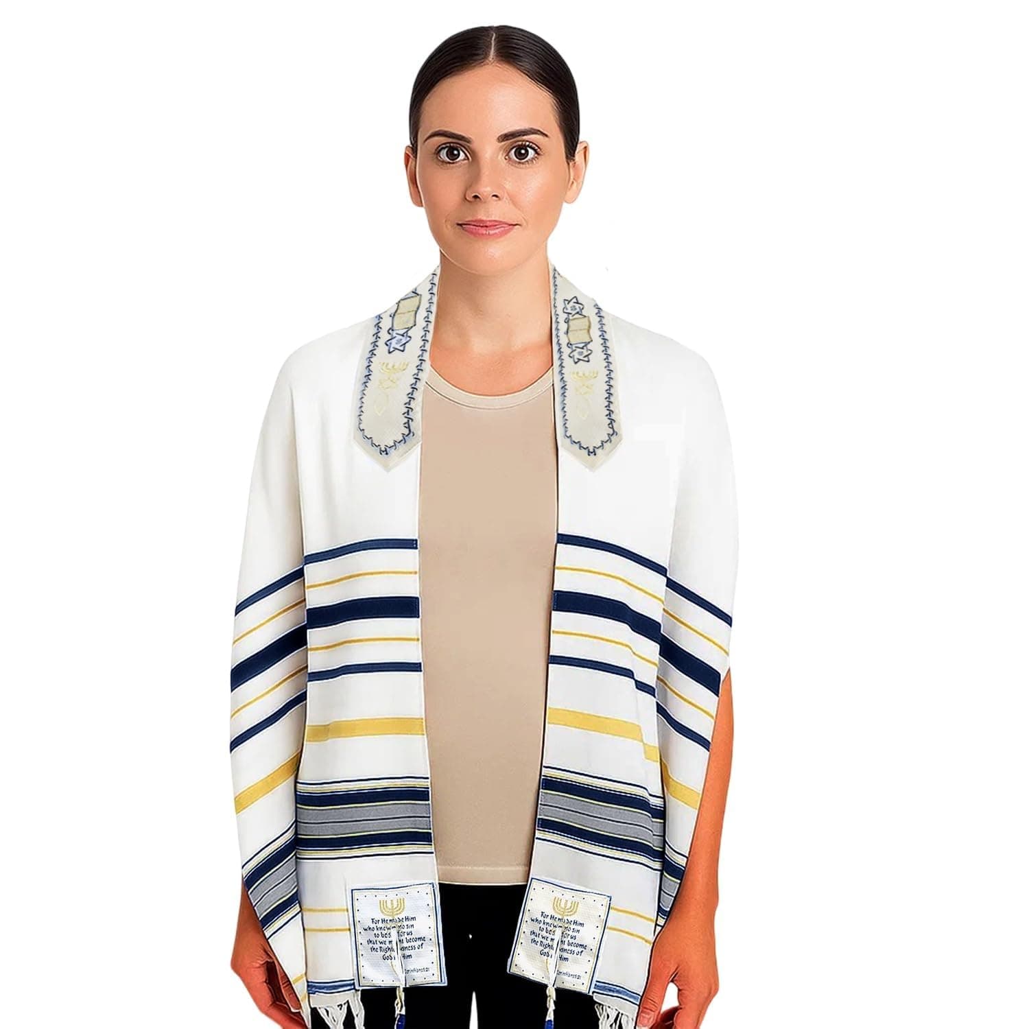 Roll over image to zoom in Holy Land Market Polyester, Acrylic Messianic Seal Prayer Shawl, 72 x 22 Inches, Grey And Blue