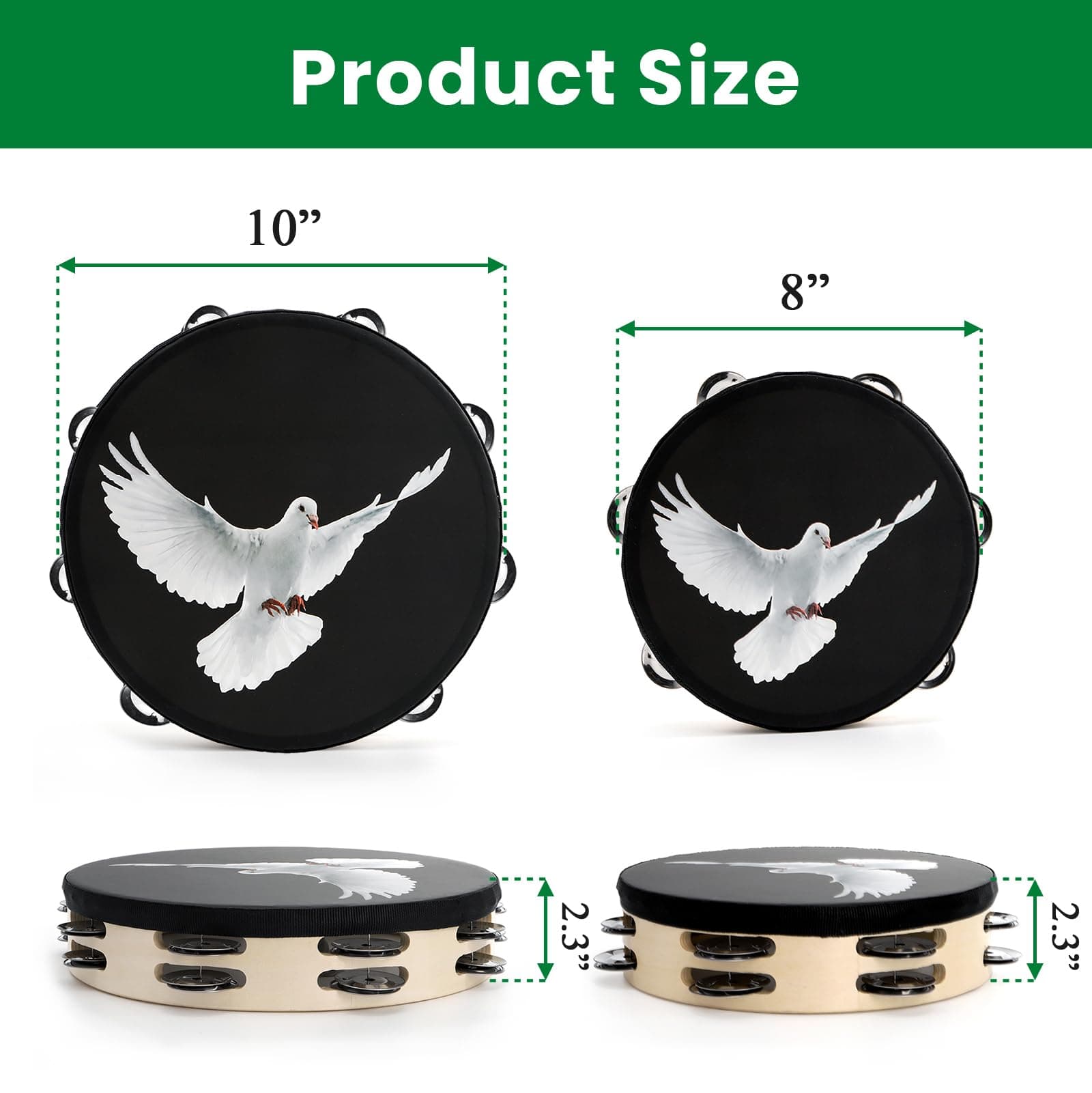 Elsjoy Set of 2 Tambourine, 10" and 8" Dove Church Tambourine with Double Row Jingle, Wooden Handbell Hand Clap Drum Percussion Instrument for Church, Black