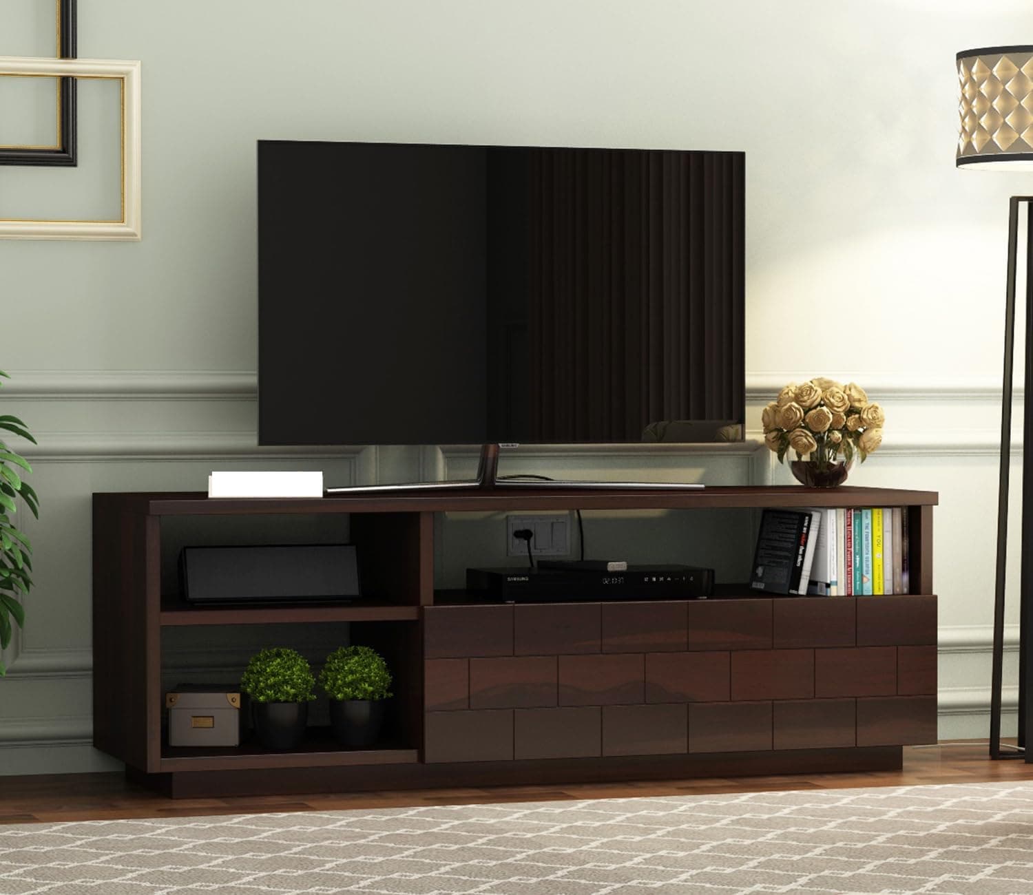 MetalTree Solid Sheesham Wood TV Unit with 3 Shelves & Drawer Storage - Elegant Wooden TV Unit for Living Room | Fits up to 55-inch TV - Solid Living Room Furniture (Reck, Walnut Finish)
