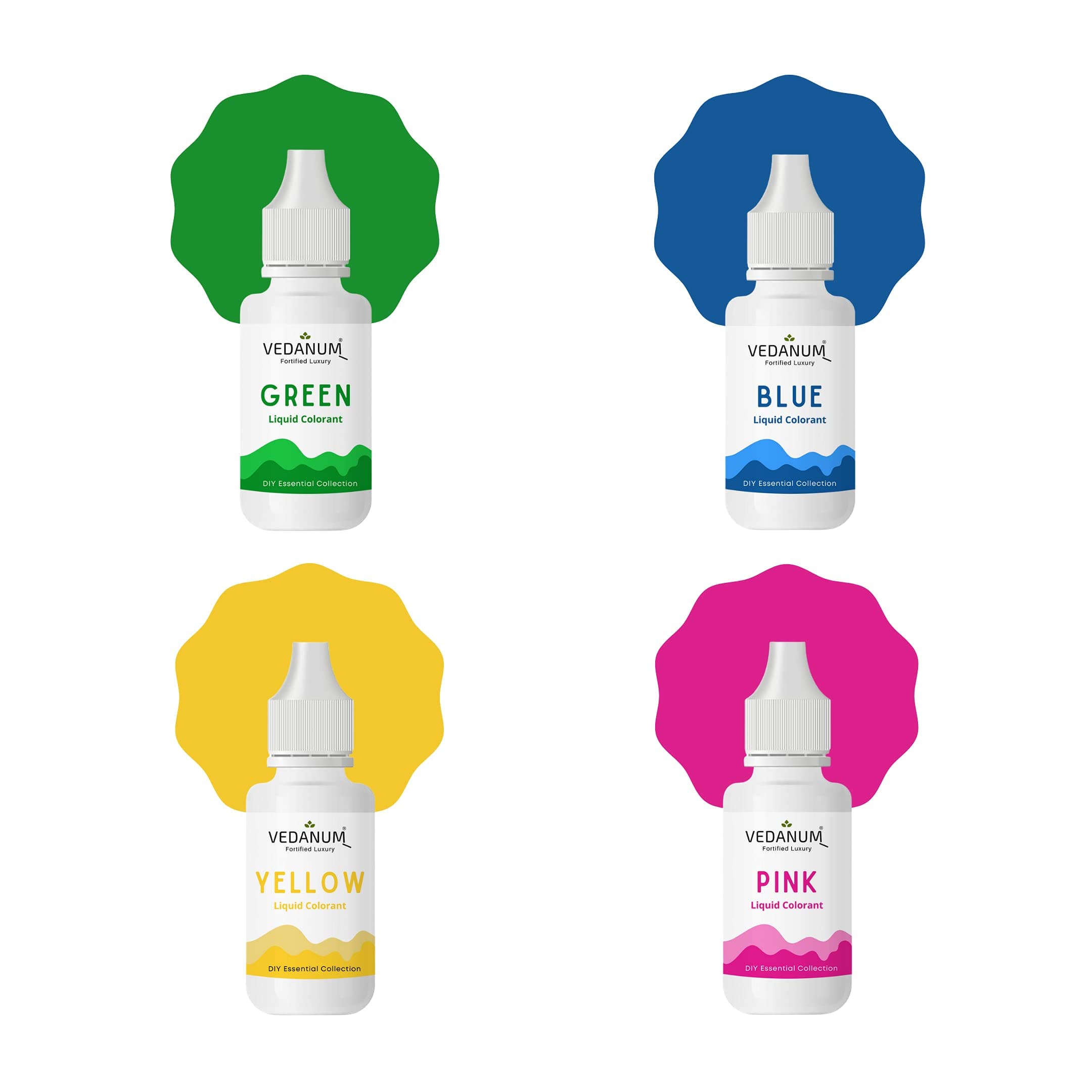 VEDANUM DIY Premium Liquid Colors for Soap Making, Bath Bombs, Bath Salts, Cosmetics, Skin Friendly Pigments, Pack of 4 (15 ml Each) Green, Blue, Yellow, Pink
