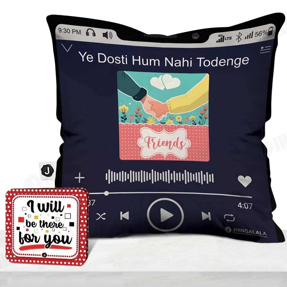 Jhingalala Satin Gift For Friends | Ye Dosti Hum Nahi Todenge Printed Cushion Cover With Filler And Greeting Card | Gift For Best Friend, Friends On Birthday, Friendship Day, Multi