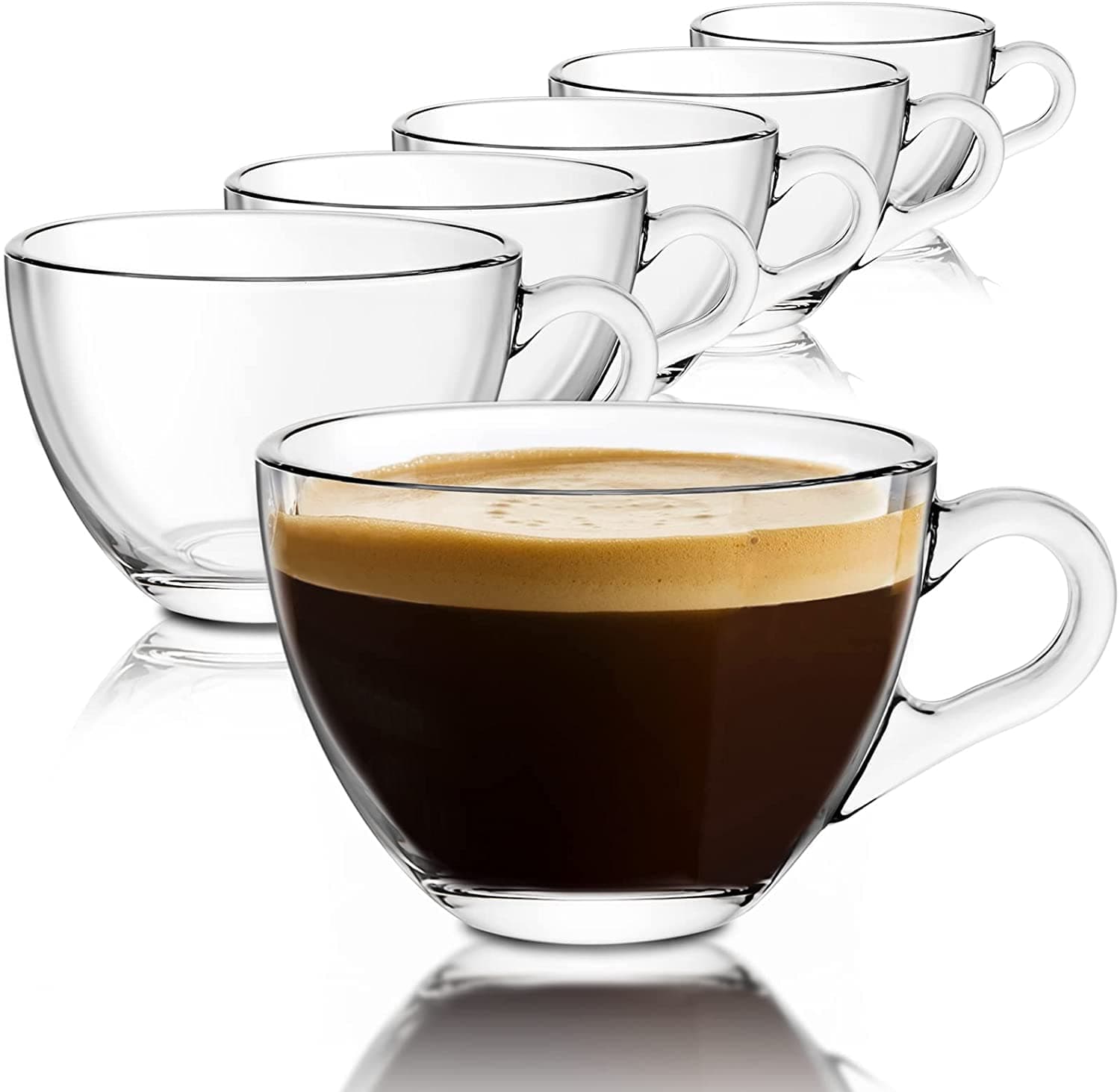 KELVEE Italian Design Clear Glass Tea Cup and Coffee Mug with Handle Set of 6 for Cappuccino, Espresso,Warm Beverage Mugs (210ml)