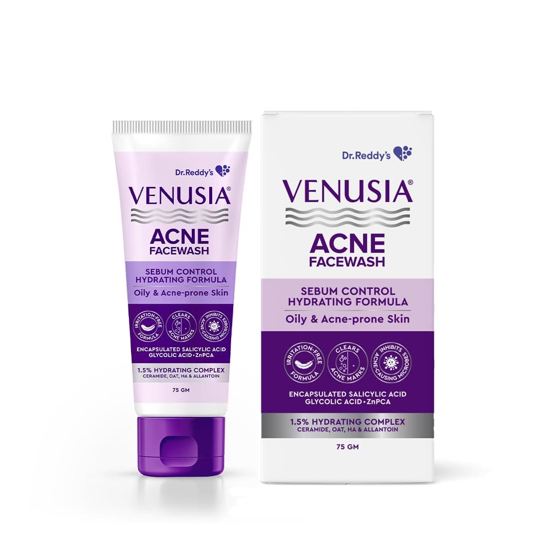 Dr. Reddy's Venusia Acne Facewash | Sebum Control & Hydrating Formula | Clears Acne-marks | Enriched with encapsulated Salicylic Acid, Glycolic Acid, Ceramide - Oat - HA Complex | Oily & Acne-Prone Skin | 75g