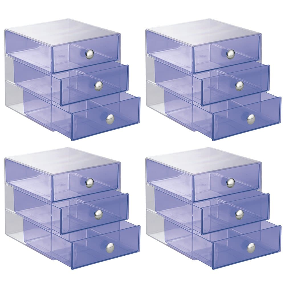 InterDesign 3 Drawer Storage Organizer for Cosmetics, Makeup, Beauty Products and Office Supplies, 4 Pack, Purple