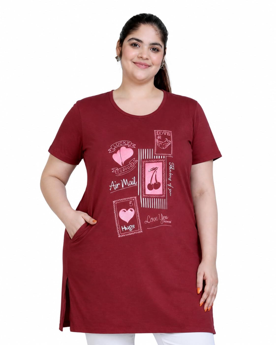 In Love Women's Printed Cotton Plus Size Longline T-Shirt Half Sleeve with Pockets Sangria Splash 7XL