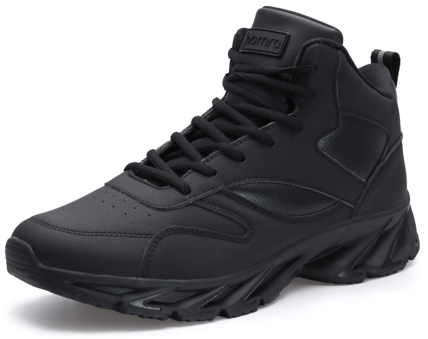 JOOMRA Mens Work Tennis Shoes All Black Leather Lace up High Top Leather Skate Cushion Sport Footwear Jogging Basketball Daily Fashion Sneakers Size 9.5
