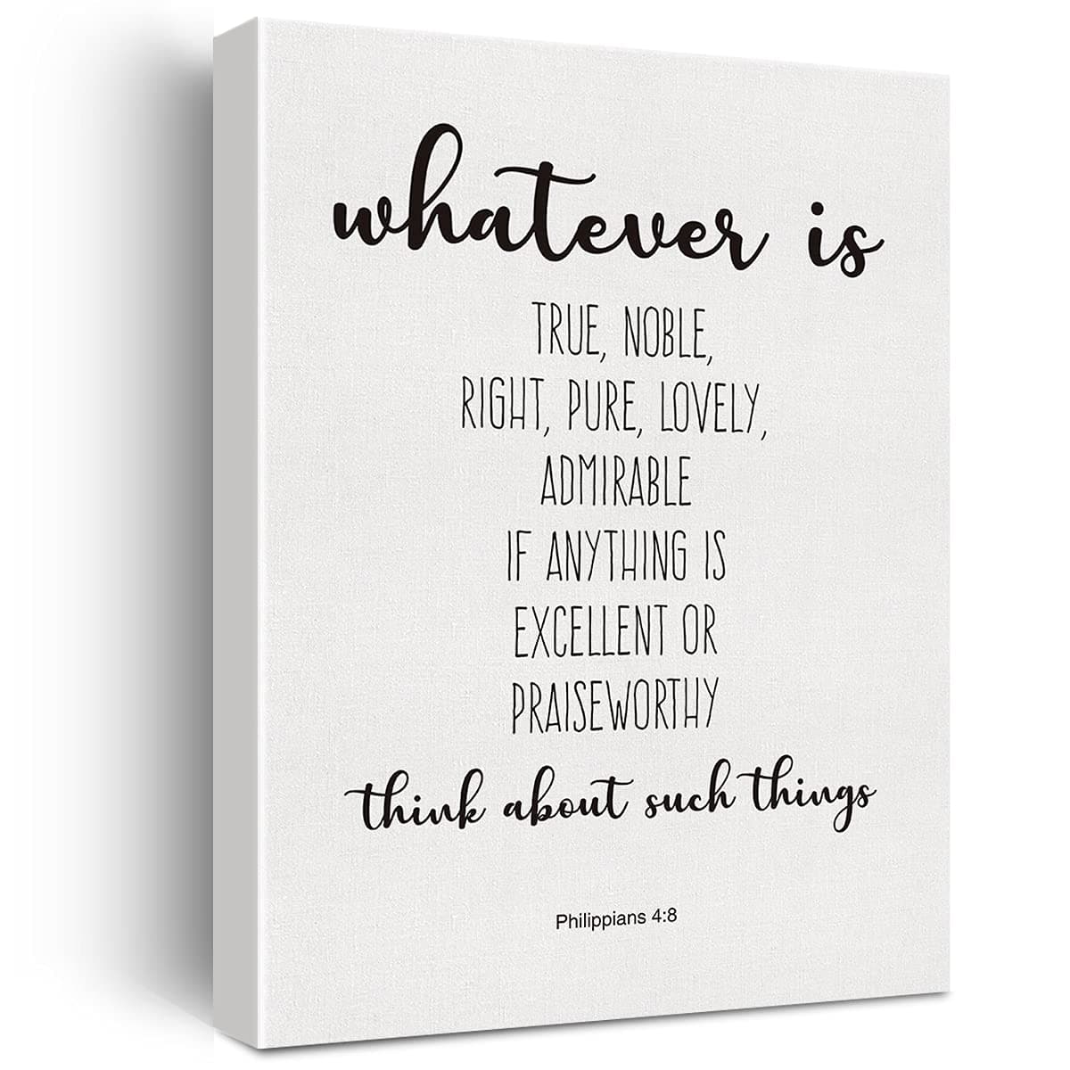 Bible Verse Art Wall Decor Whatever is True Philippians 4:8 Scripture Canvas Painting Prints for Home Dining Room Living Room Wall Decor Framed Artwork Christian Gifts(12x15 Inch)