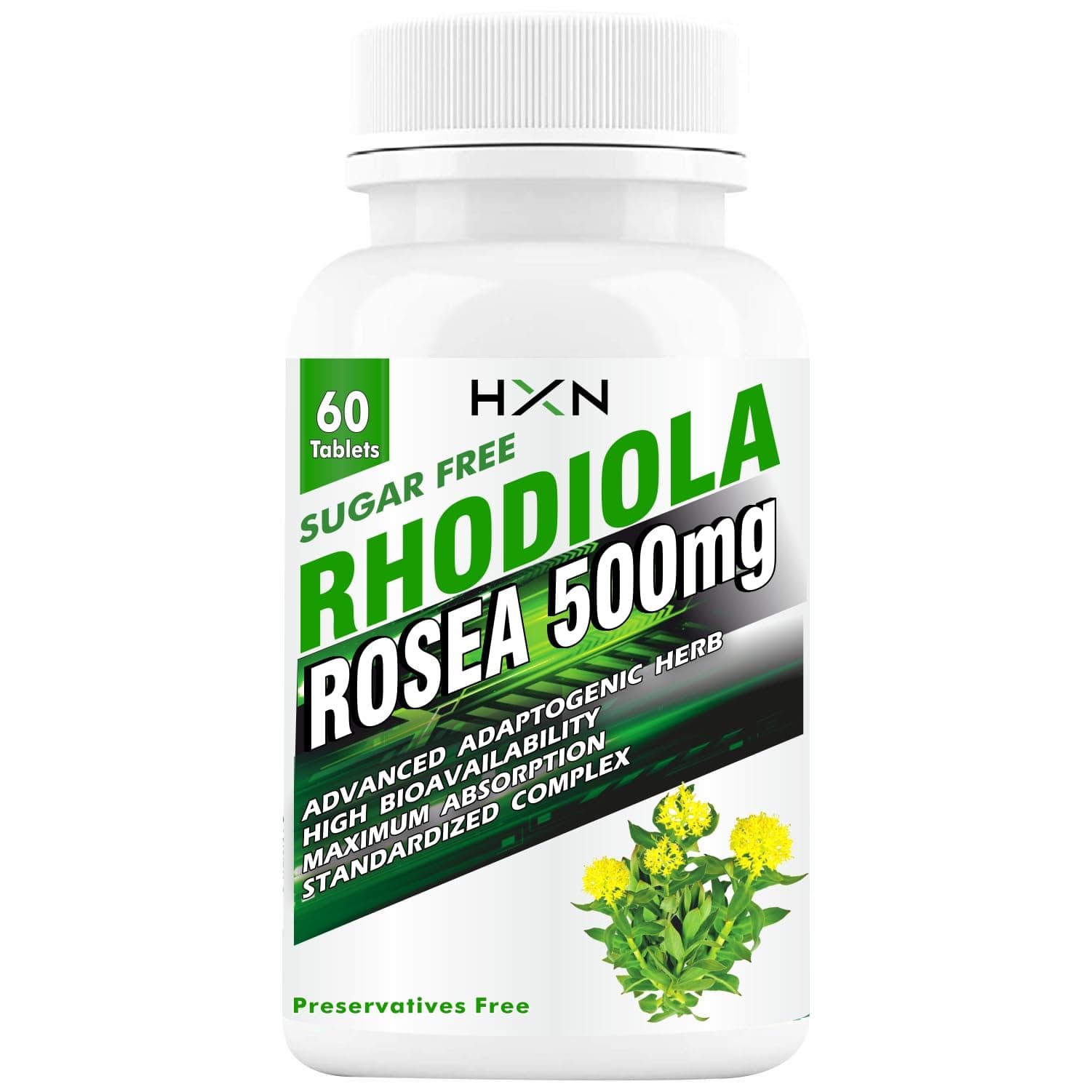 HXN Rhodiola Rosea 500mg Extract, With Piperine (95%). Standardized Adaptogenic Herb for Stress & Mood Support -60 No Sugar Tablets (Pack 1)