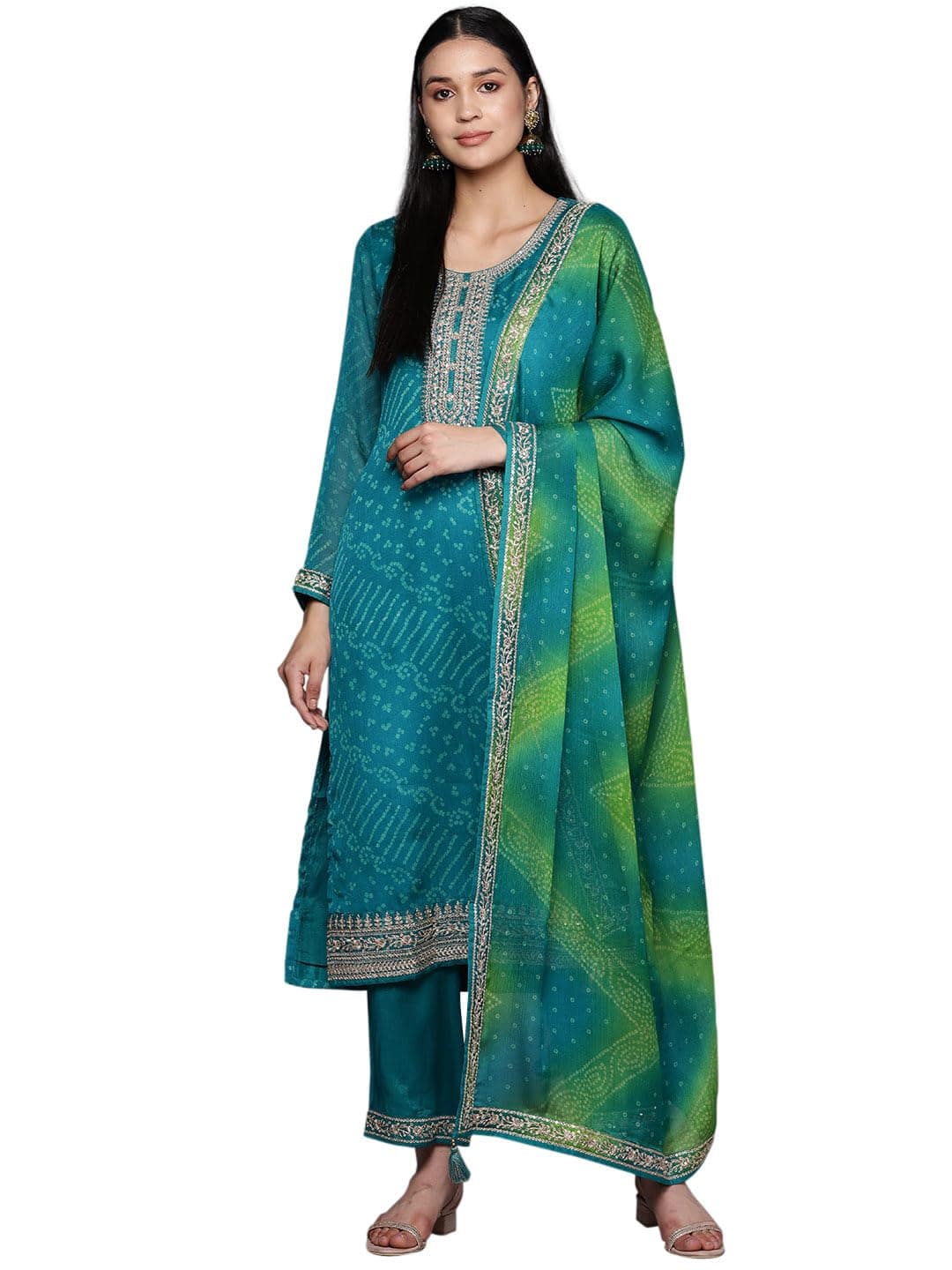 Libas Womens Printed Chiffon Straight Kurta With Trousers and Dupatta