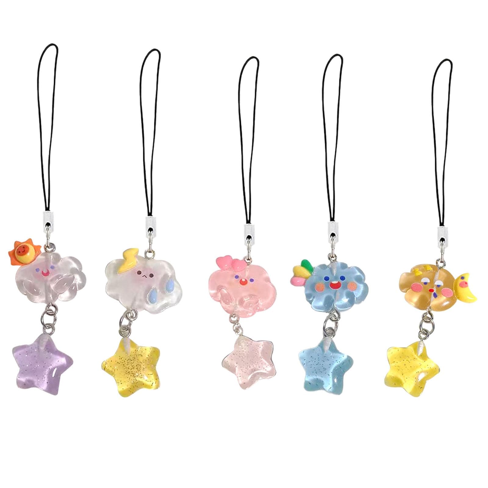 Fianoeir 5Pcs Phone Charms for Girls, Cute Keychain for Girls, Bag Charms, Cloud Keychain Set, Aesthetic Keychains for Backpacks, Bags, and Cars, Gift for Friends, Pink, Blue, White, Yellow, Purple