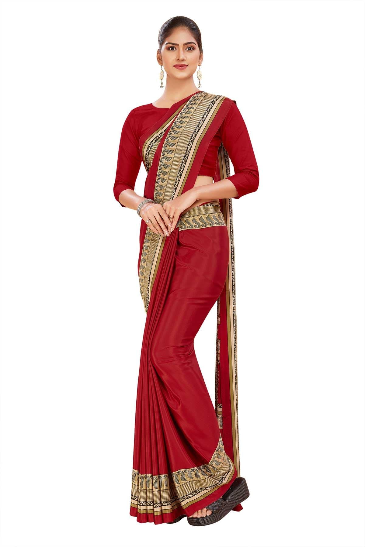 Uniform Sarees Corp Blood Red and Beige Women's Premium Italian Silk Plain Gaala Border Uniform Sarees for Hotel With Blouse Piece