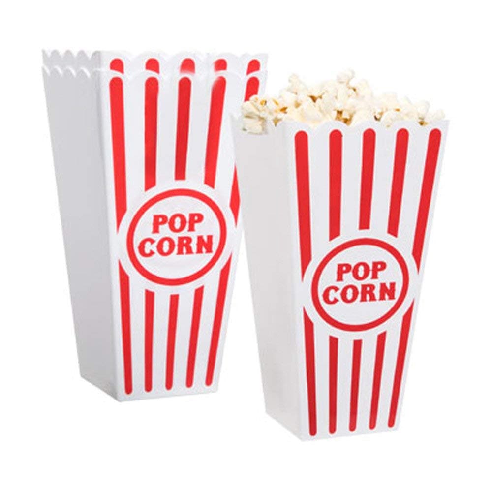[Novelty Place] Plastic Red & White Striped Classic Popcorn Containers for Movie Night - 4" Square x 8" Deep (4 Pack)