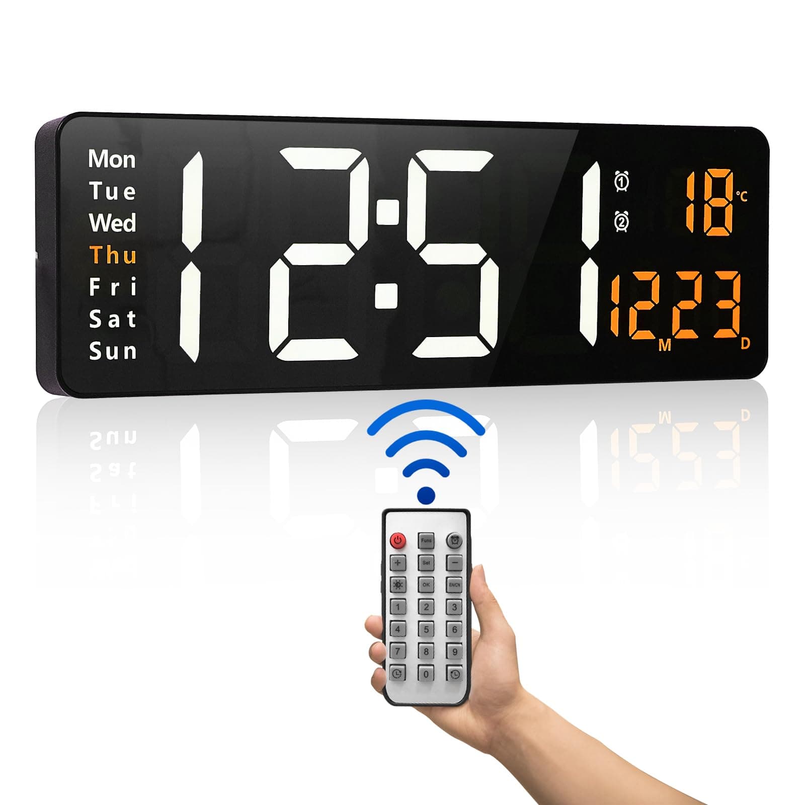 PiKaPiKaP Digital Wall Clock, 16" Large Digital Clock with Time Date Temp Week, Timer, 12/24Hr, Auto-Dimming, Remote Control for Living Room/Classroom/Gym/Church/Store/Garage (Orange)