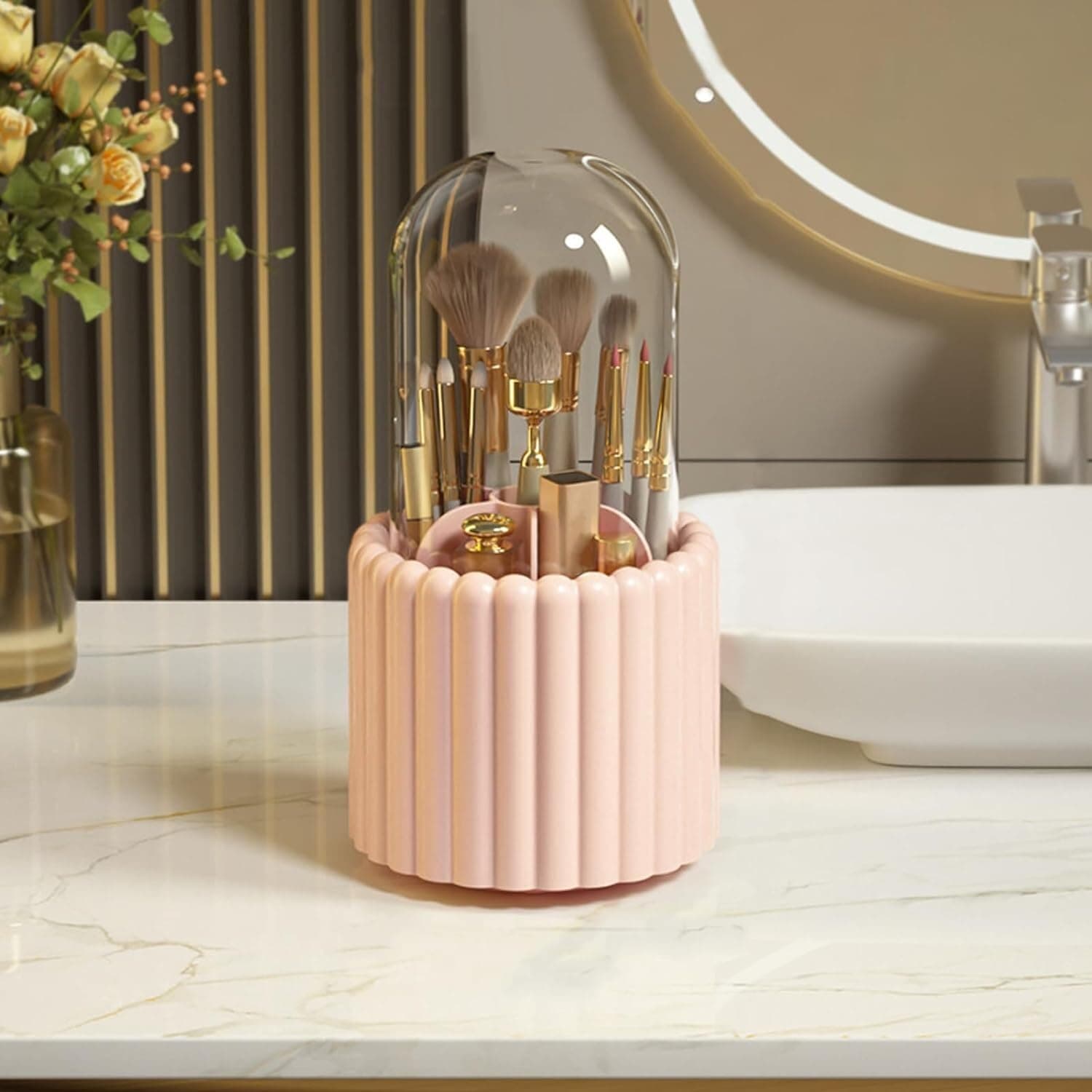 INSIME 360 Rotating Makeup brush holder with lid | Make up brush holder cosmetic organizer | Makeup brush box stand rotating organiser, 7- Slot brush holder makeup - Dustproof & Waterproof