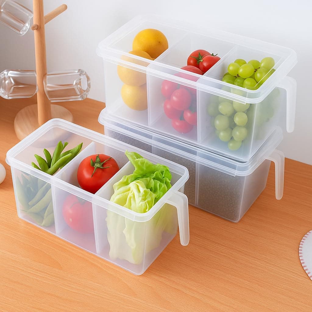 Oblivion Fridge Storage Organizer 3500ml – 3 Compartment Box, Space-Saving Transparent Refrigerator Container for Fruits, Vegetables, Durable Plastic Multipurpose Kitchen Storage (Pack of 1)
