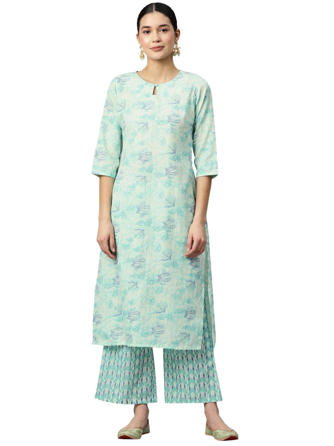 IVES Women's Green Printed Straight Kurta Suit Set Keyhole Neck Button Knee Length Elbow Length Sleeve Cotton Blend Regular Casual and Office Wear