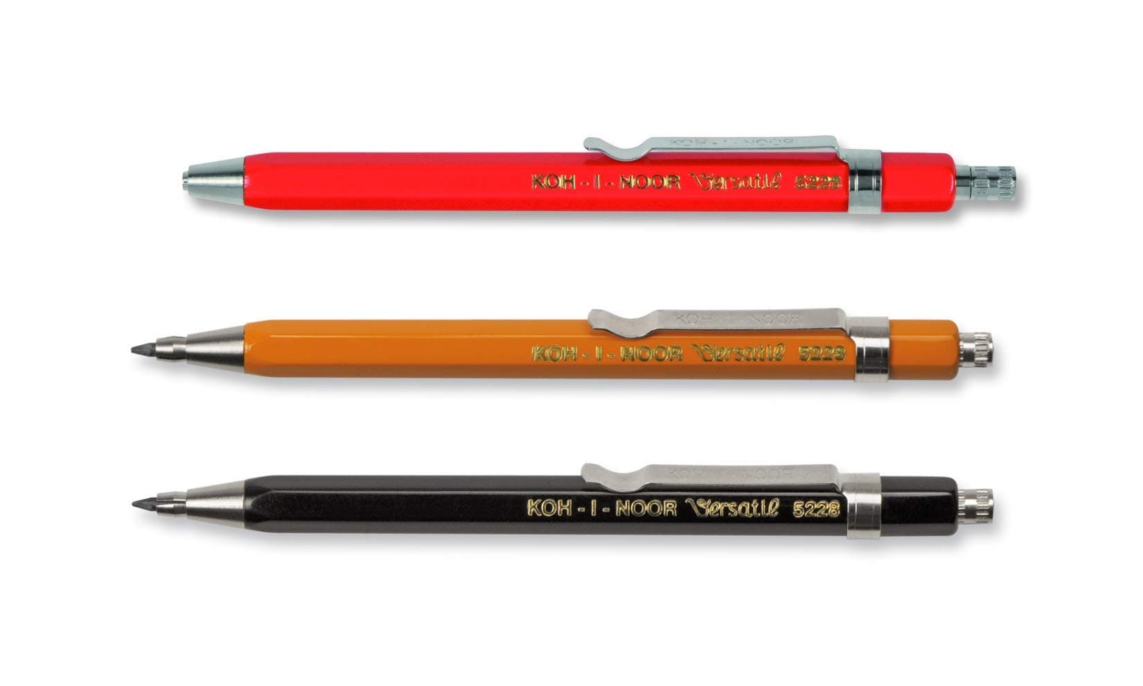 Koh-I-Noor Versatil 5228 - Short mechanical clutch leadholder with mine sharpener, 2 mm lead diameter - Set of 3 - Colors RED and YELLOW and BLACK
