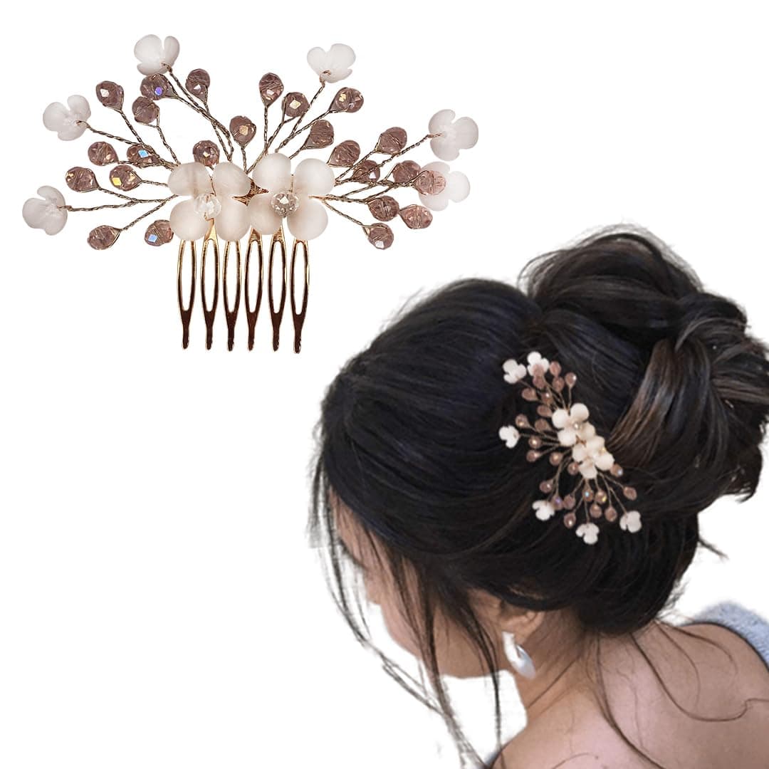 TEMPERIA Hair Accessories For Women's & Girls - Stylish Artificial Flowers & Crystal Pearls Bun Juda Bridal Brooch for Hairstyle & Decoration - Pins & Clips for Style of Bride (Pink & White)