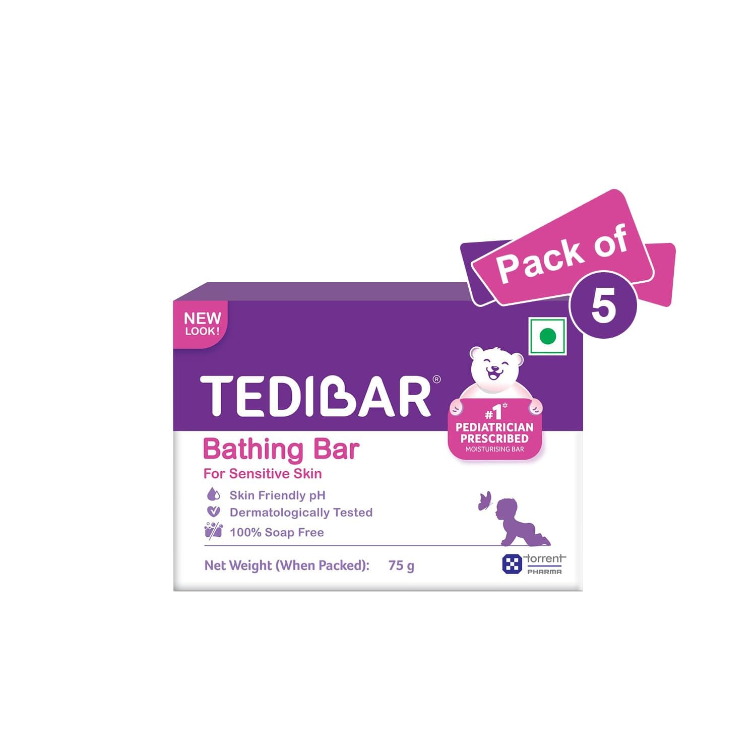 Tedibar Moisturising Baby Bathing Bar with Skin Friendly PH|100% Soap Free|Prevents Dryness & Rashes|Dermatologically Tested 75gm x Pack of 5