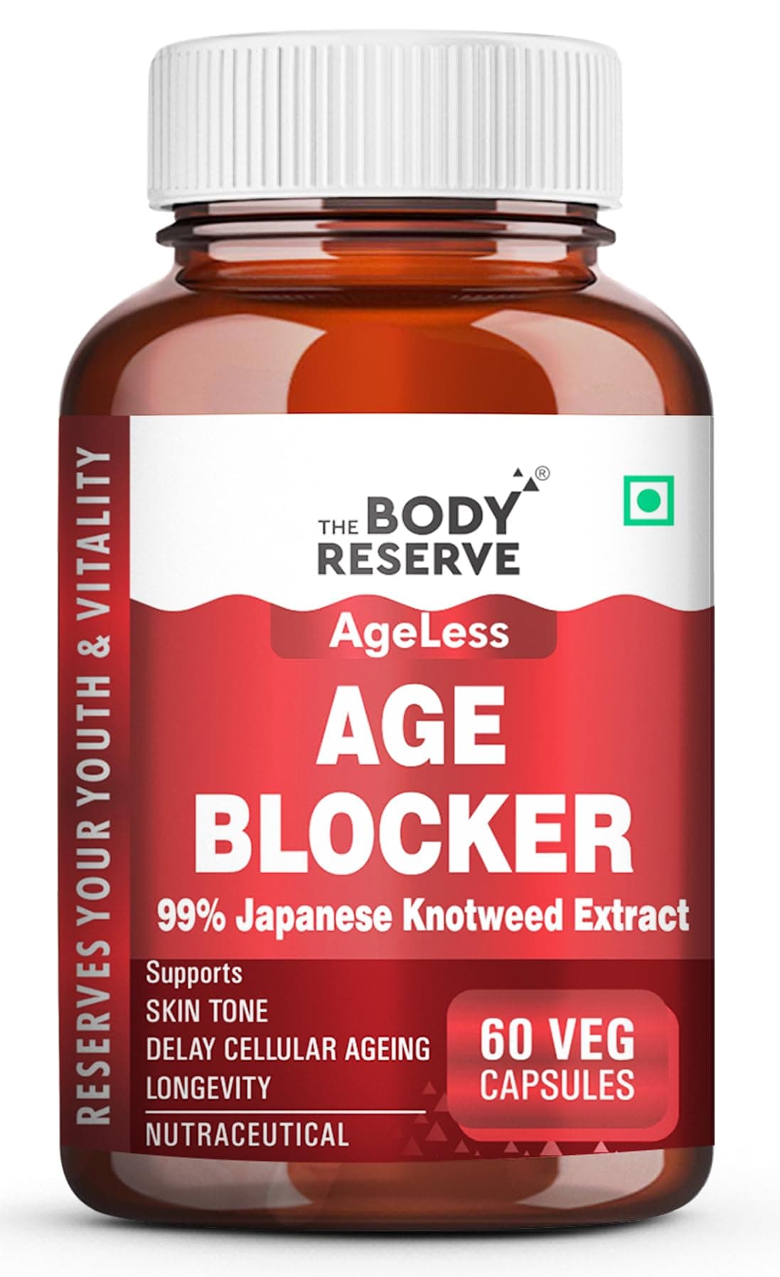 The Body Reserve Age Blocker – Trans-Resveratrol 99% Japanese Knotweed Extract | Quercetin, Green Tea, Bitter Orange & Pomegranate | Powerful Antioxidant & Anti-Aging Supplement 60 Veg Capsules