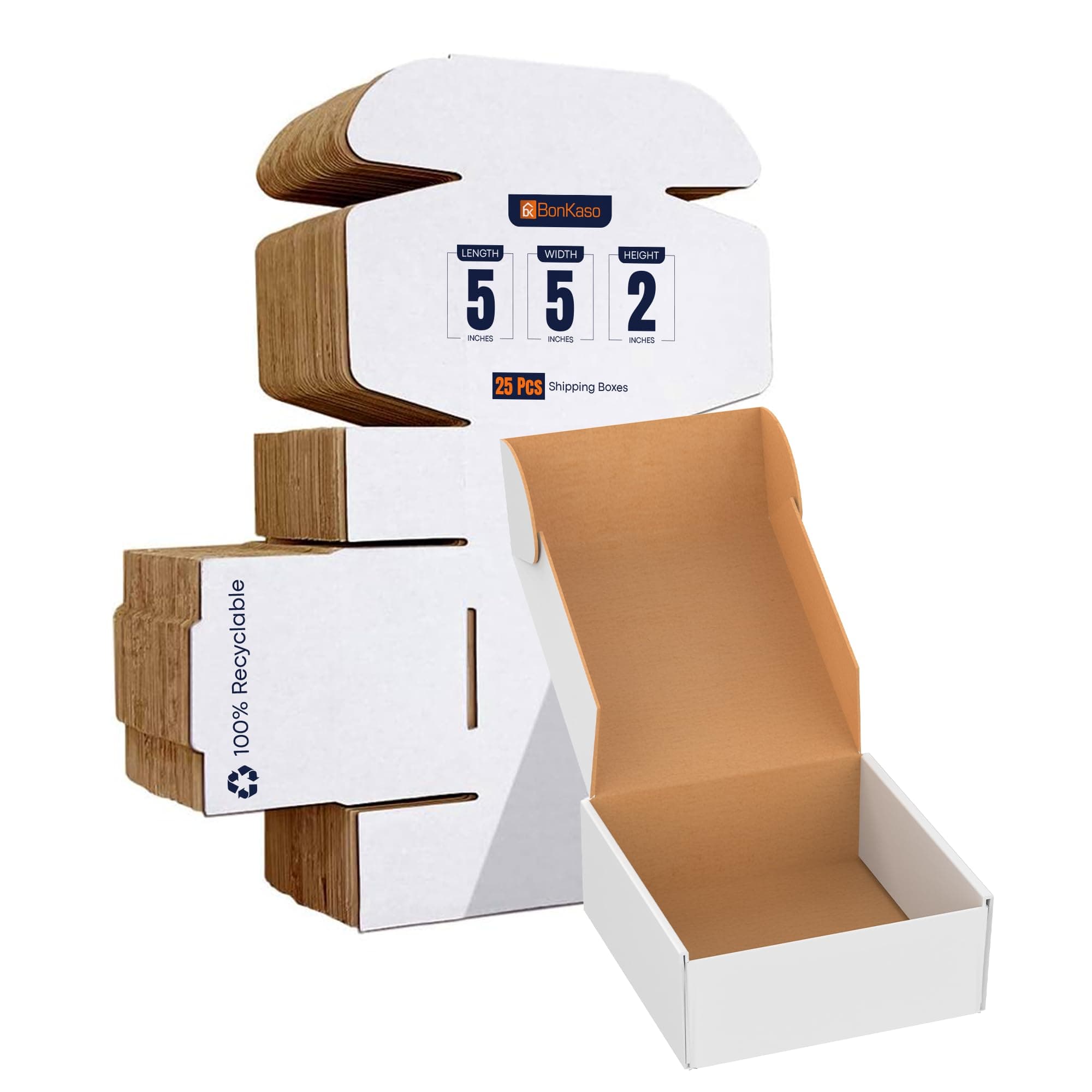 BonKaso 3-Ply White Flap Corrugated Boxes | 5x5x2 inches | Pack of 25 | Eco-Friendly & Recyclable