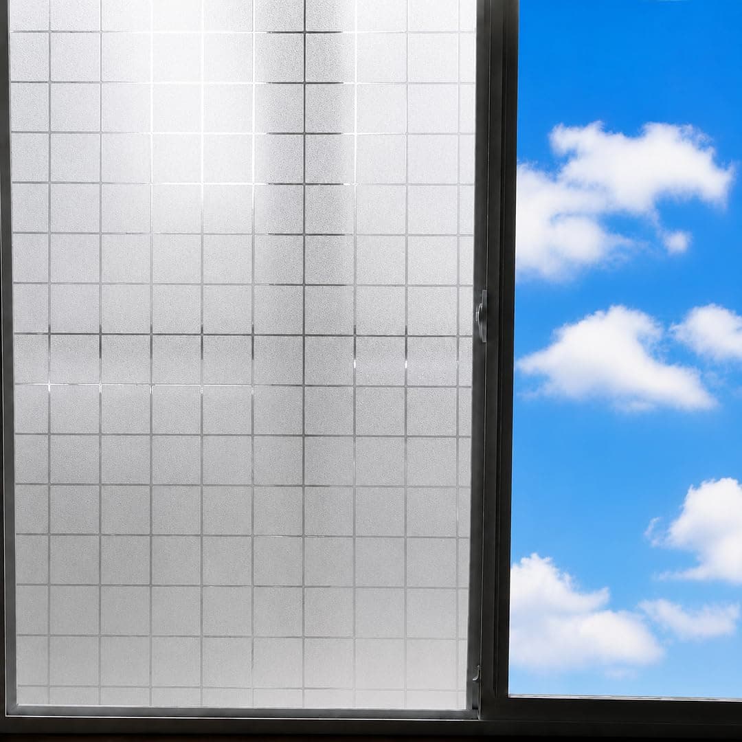 CVANU Frosted Grid Privacy Window Film, Decorative 1.5 Inch Square Pattern Self Adhesive Waterproof Vinyl Covering Sheet for Glass Door, Windows, Bathroom, Home & Office Use (24 x 24 Inch)