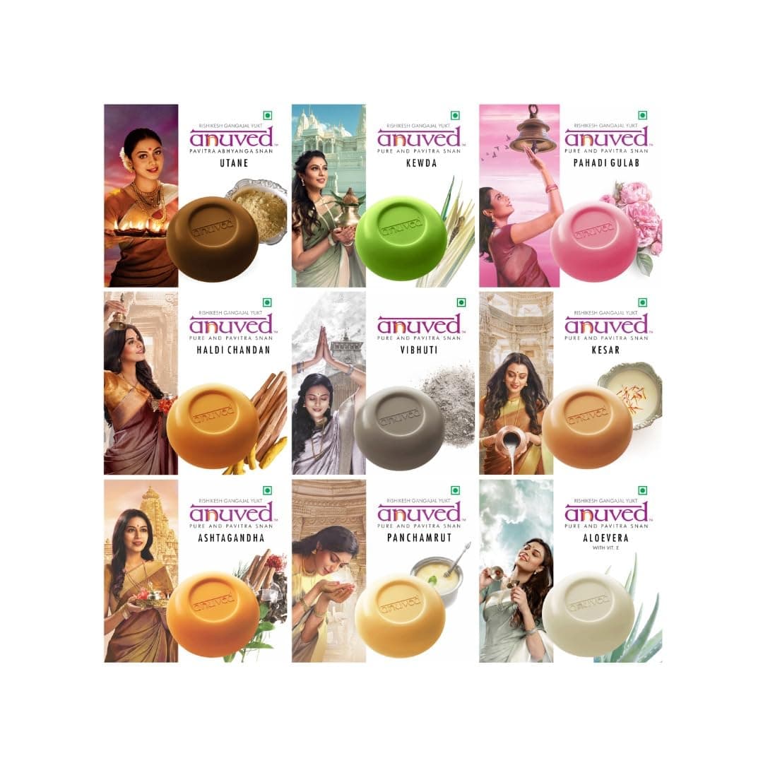 Anuved Family Combo Pack of 9 Herbal Soaps | Natural Bath Soaps with Aloe Vera, Haldi Chandan, Ubtan, Kesar, Vibhuti , Kewda, Panchamrut, Ashtagandha & Pahadi Gulab | Skin Brightening, Deep Cleansing, Moisturizing & Gentle Daily Care | As Pure As Organic | 125g Each