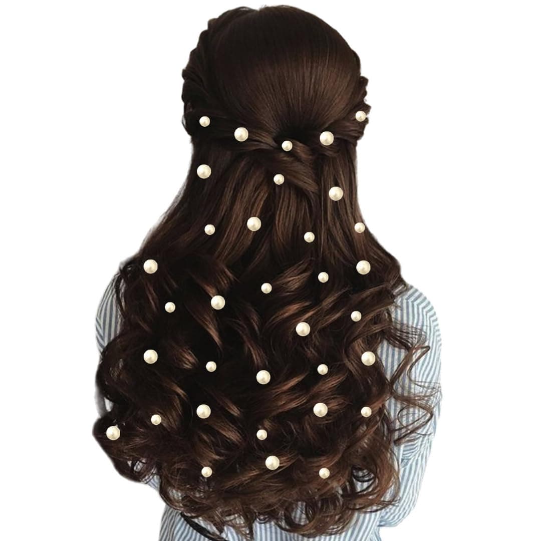 Hair Flare Round Pearl Hair Stickers: Combo of 18 (6mm) & 16 (8mm) pearl, Easy Stick-On, No Pins Needed, Pack of 34_2860_Silver