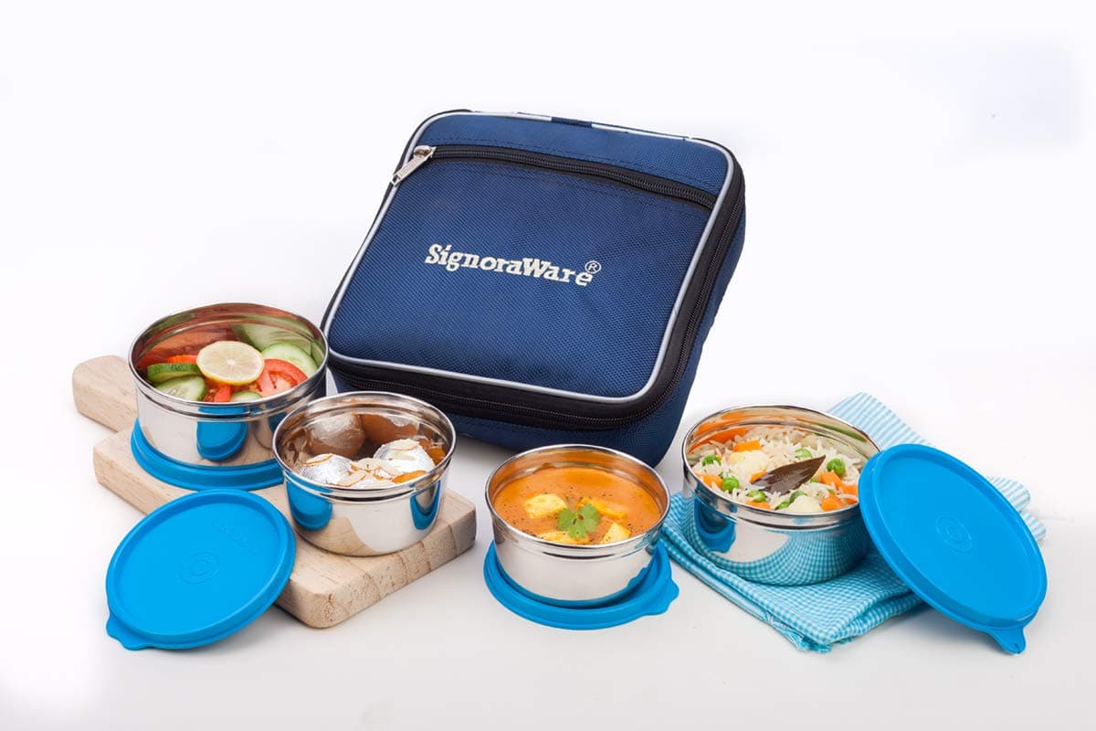 Signora Ware Fresh Stainless Steel Lunch Box (250 ml +250 ml+ 350 ml+ 350 ml, Blue) - Set of 4