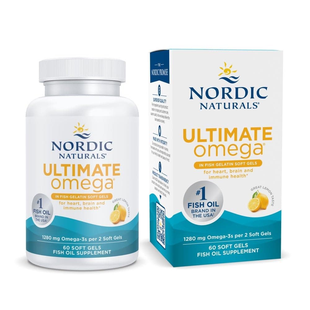 Nordic Naturals Ultimate Omega 3 Fish Oil In Fish Gelatin | 1280Mg EPA & DHA Supplement | Omega 3 Supplement For Pescatarian & Restricted Diets | 60 Fish Oil Lemon Flavour Softgel