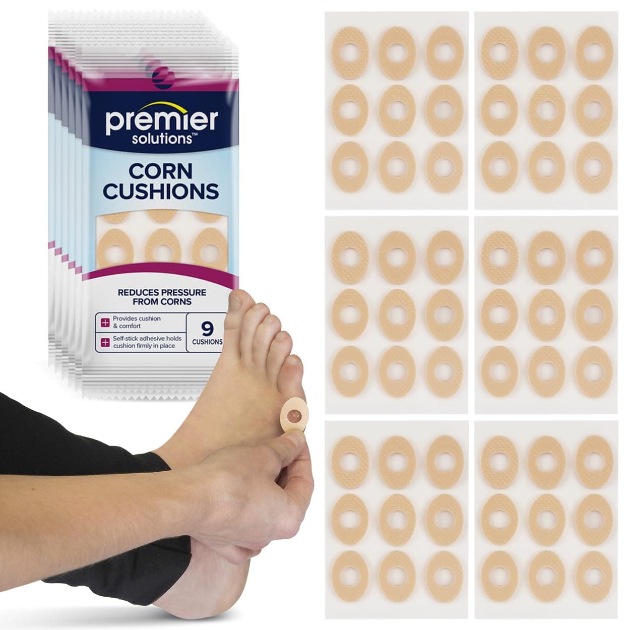 Premier Solutions™ Corn Cushions for Feet, Self-Stick Adhesive Foot Care Cushions to Pad and Protect Corns, 54 Count (6 Packs of 9)