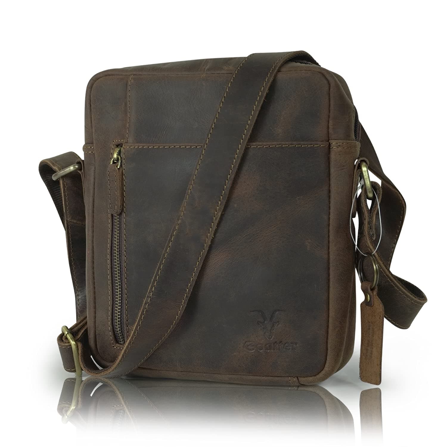 Goatter Hunter Leather 10”Inch Multi Pocket Crossbody Messenger Bag For Men (Brown)
