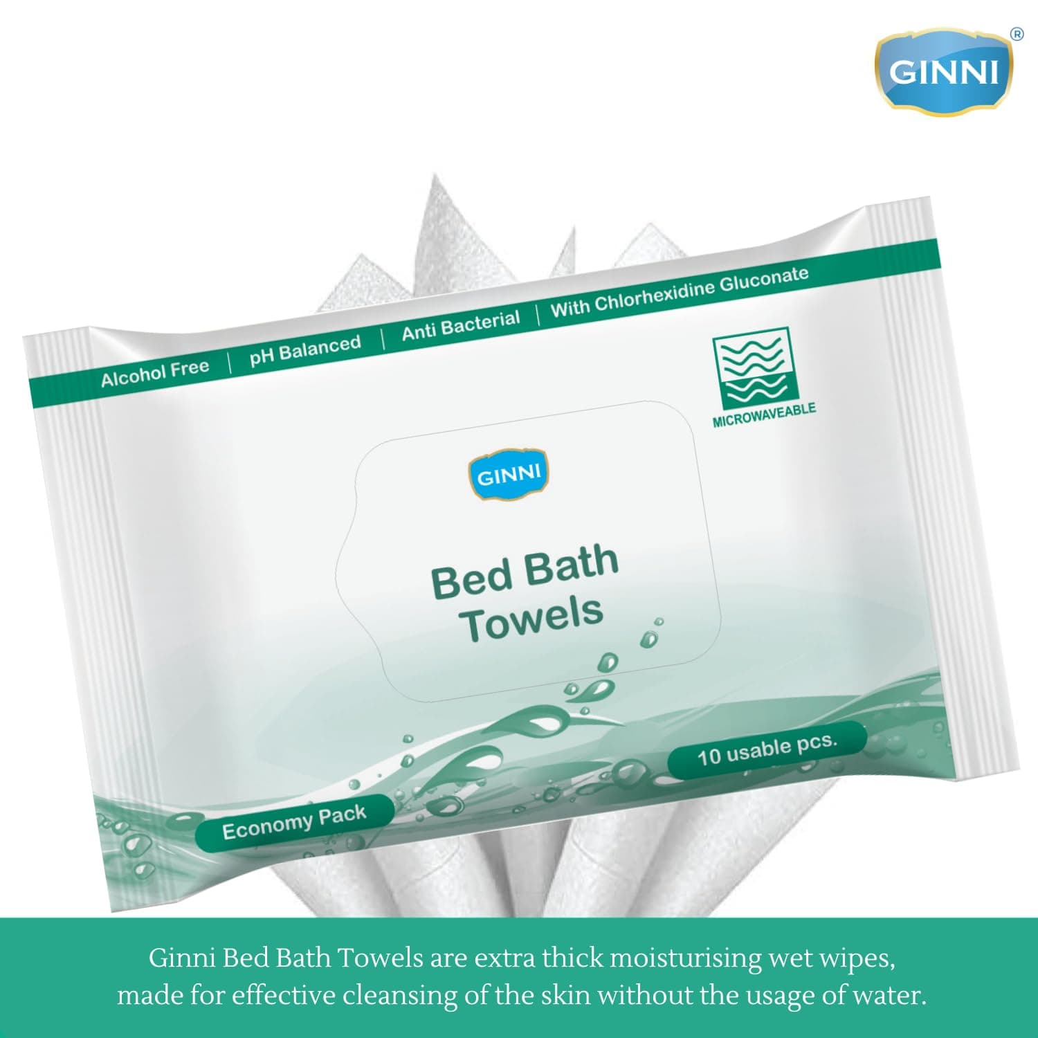 GINNI Antibacterial Sponge Bed Bath Towel for Adults & Patients – Microwaveable, Economy Pack, 10 Towels Per Pack (Pack of 6) – Gentle & Hygienic Cleansing Solution