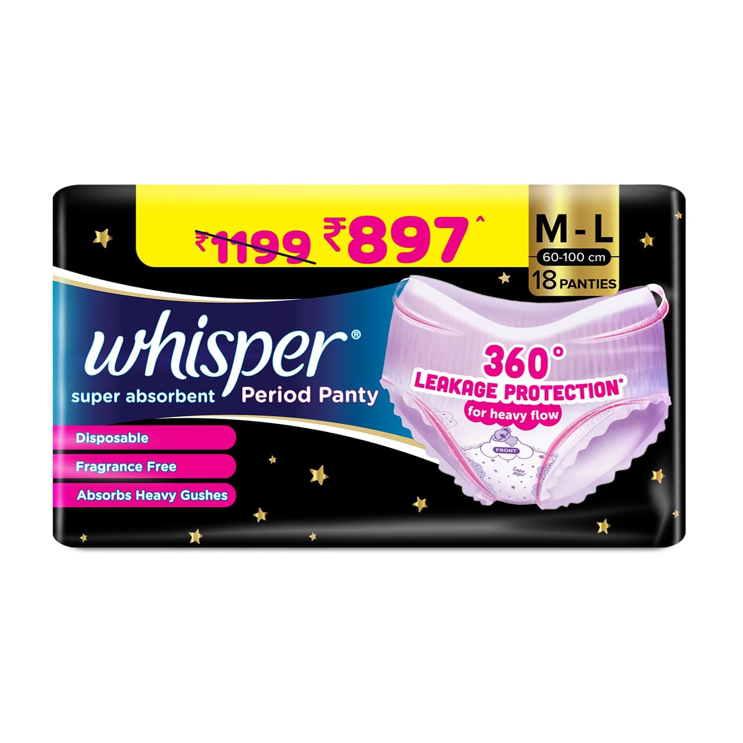 Whisper Super Absorbent Period Panty, 18 M-L Pants, 360 Degree Leakage Protection* for Heavy Flow, Panty like Fit, Full back Coverage, Absorbs Heavy Gushes, Silky Soft, Comfortable Feel