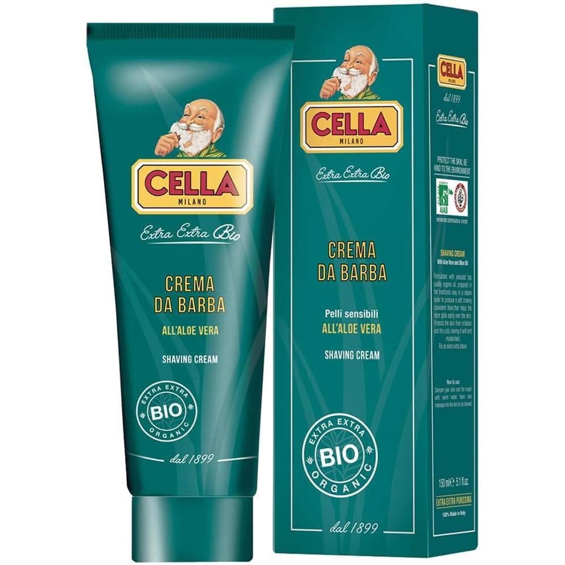 CELLA MILANO, Organic Aloe Vera Shave Cream/Soap, For use with a Shaving Brush, Generates a Rich, Thick and Protective Lather, No Shave Bowl Needed, Made-in-Italy