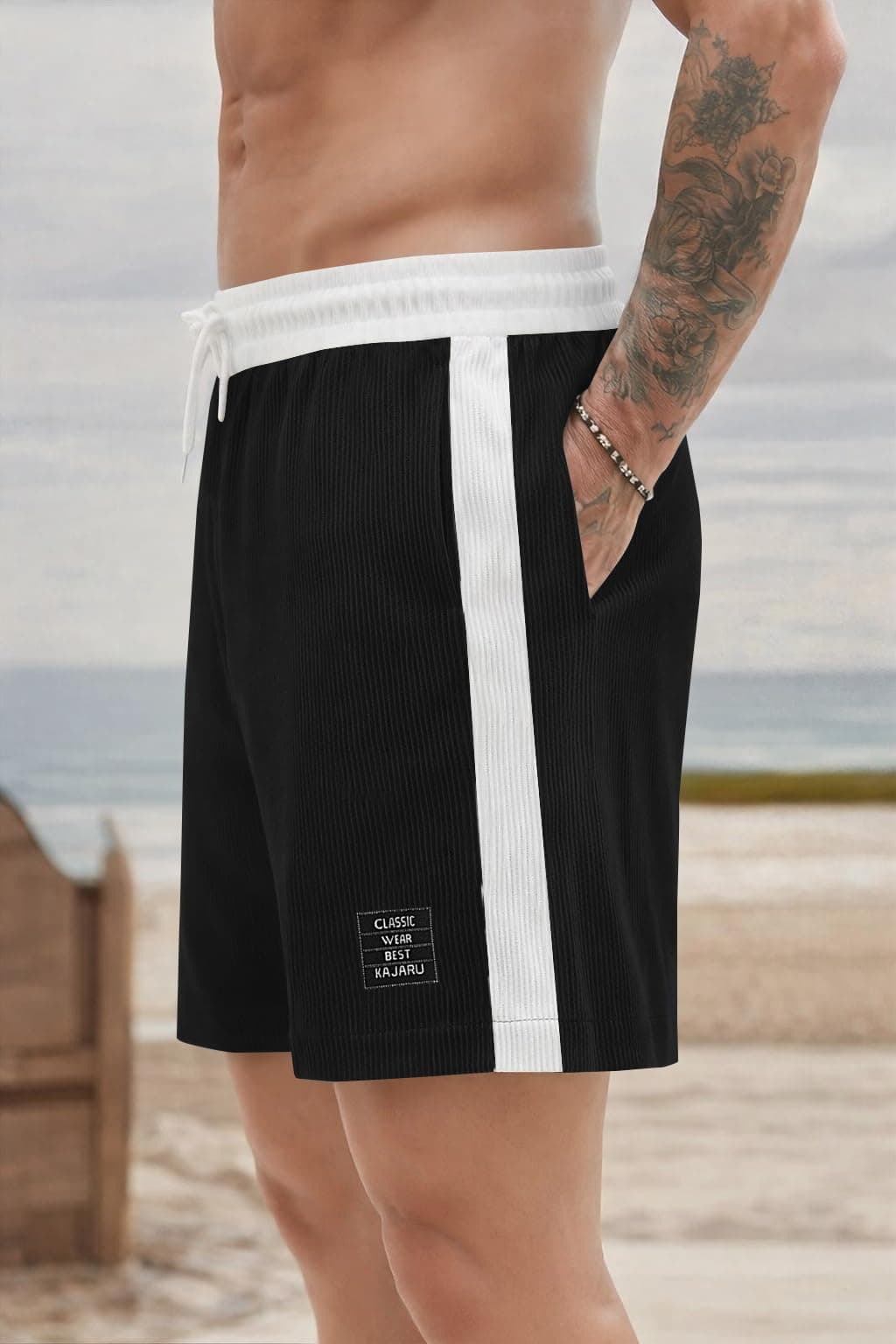 Avix Men's Ribbed Shorts with Side Stripe, Drawstring Waist, Classic Wear Best