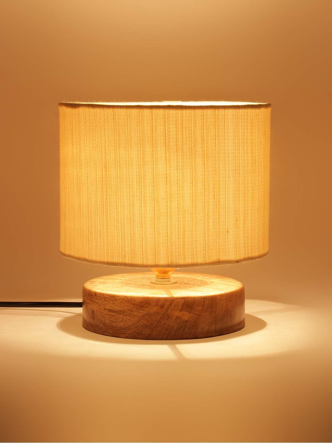 AMDHOME Off White Cotton Shade Table Lamp With Wood Base - Height 7 Inches | Warm Ambient Light For Living Room, Bedroom, Home Decor, Study Lampshade,Fluorescent