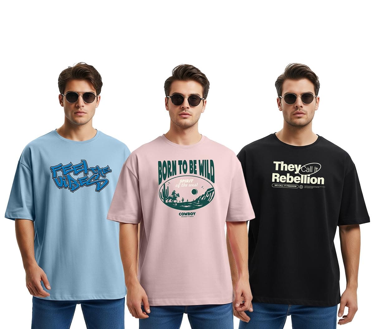 STYLENSE® Cotton Blend Oversized Baggy Fit Drop Shoulder Round Neck Graphic Printed Half Sleeve T-Shirt Combo for Men (PO3_OSM_BTBRW_TSRBK_FLTDC_M)