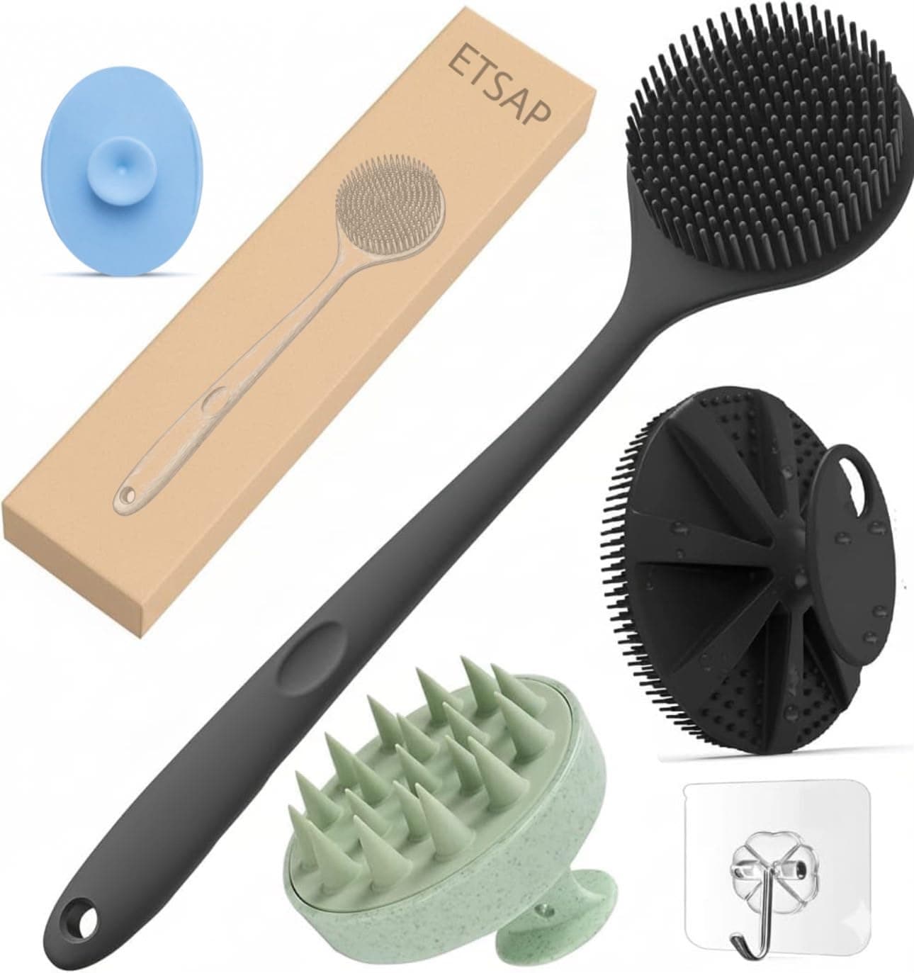 ETSAP Soft Silicone Back Scrubber Long Handle Bath Brush + Body Scrubber Bath Brush + Scalp Massager for Hair + Face Scrubber Brush, Combination Combo, Super-Exfoliating & Lathering Body Scrubber, Shower Brush | BPA-Free | for Men and Women (With A Free Hook 3-pic)