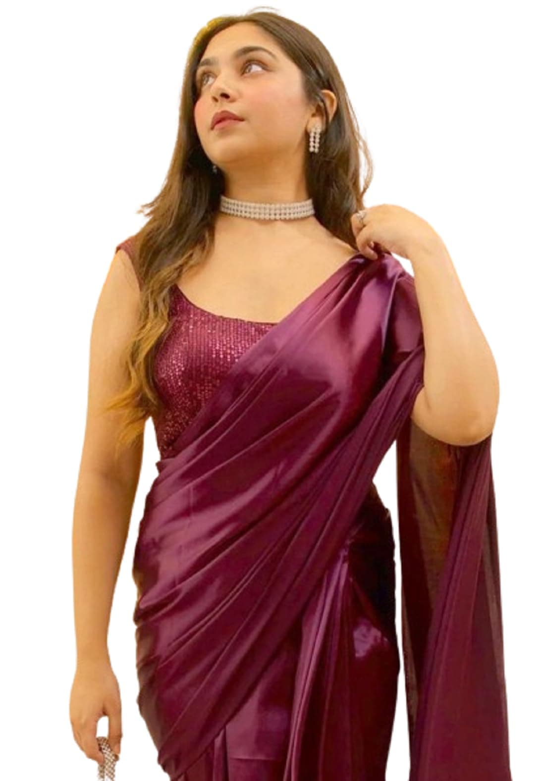 SATAZ Women's Ready to Wear Wine Satin Silk Readymade Stitched Saree with Sequin Unstiched Blouse