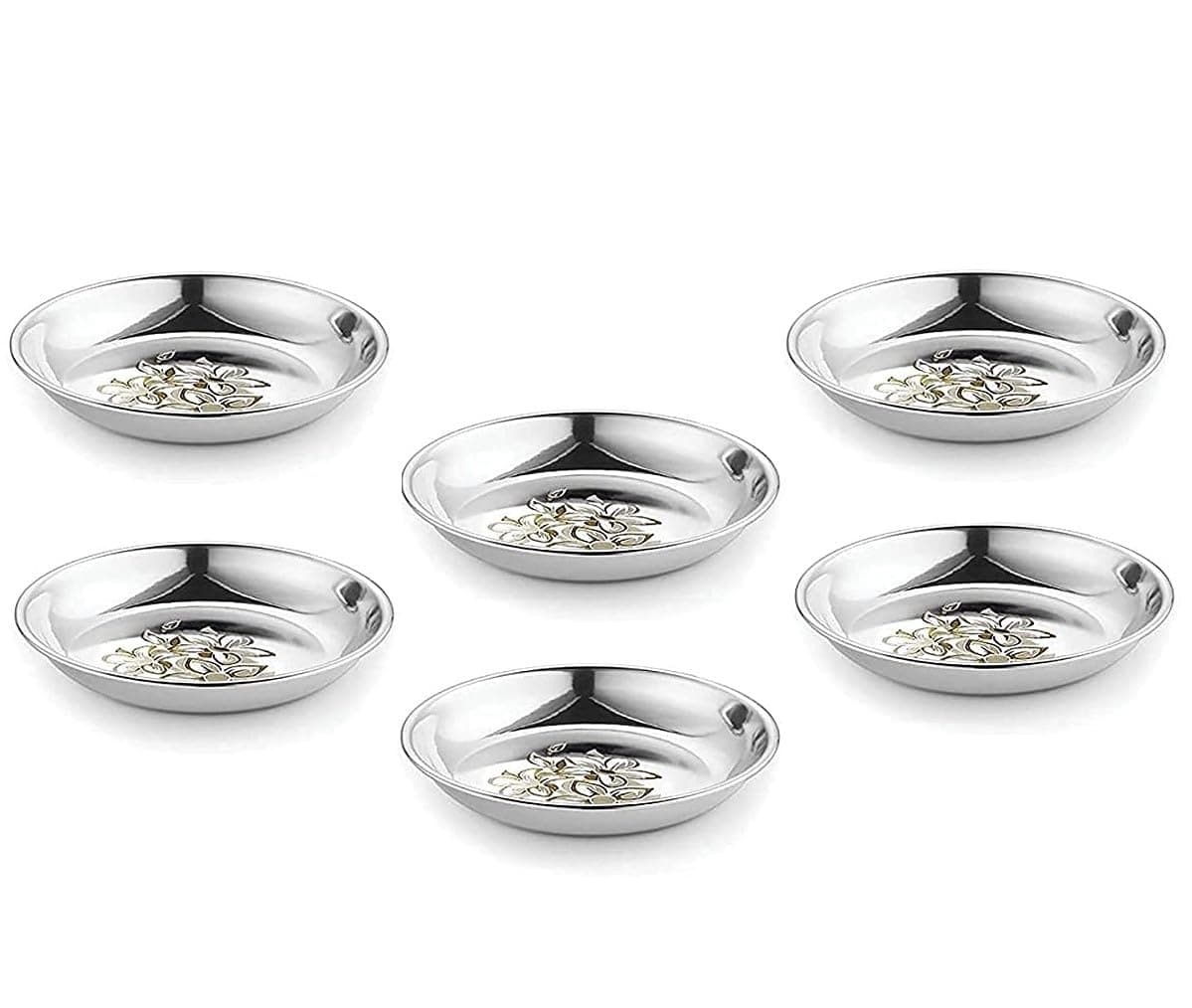 KC Stainless Steel Halwa Plate | Snacks Plate | Sweet Dish | Dessert Dish Heavy Gauge with Laser Design Set of 6