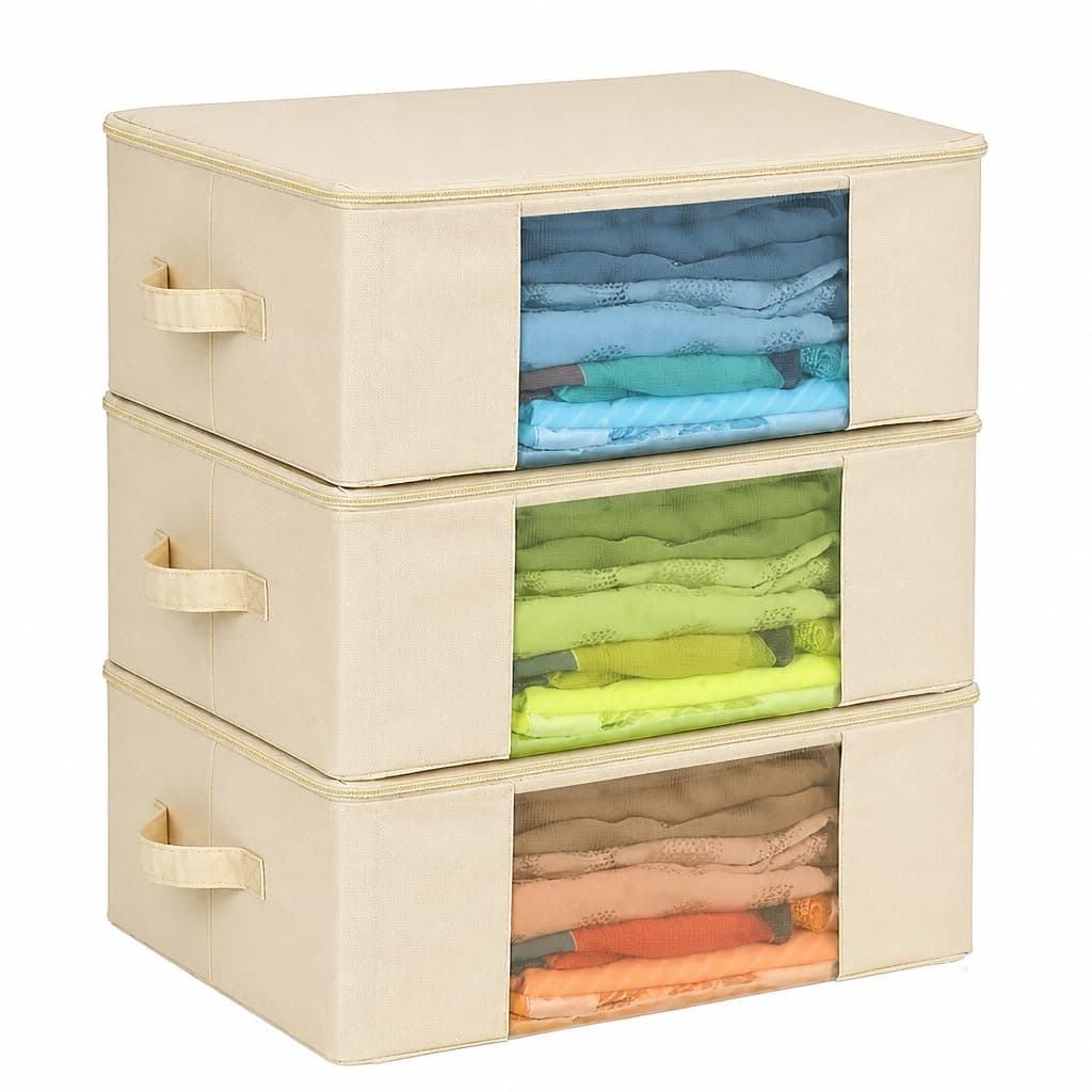 SOLSTICE Cotton Canvas Clothes Storage Bags/Saree Covers with Zip for Storage Specially Design for Woman Dresses, Sarees, Lehengas for Wardrobe Organizer (17 x 14 x 7 Inch) (3)