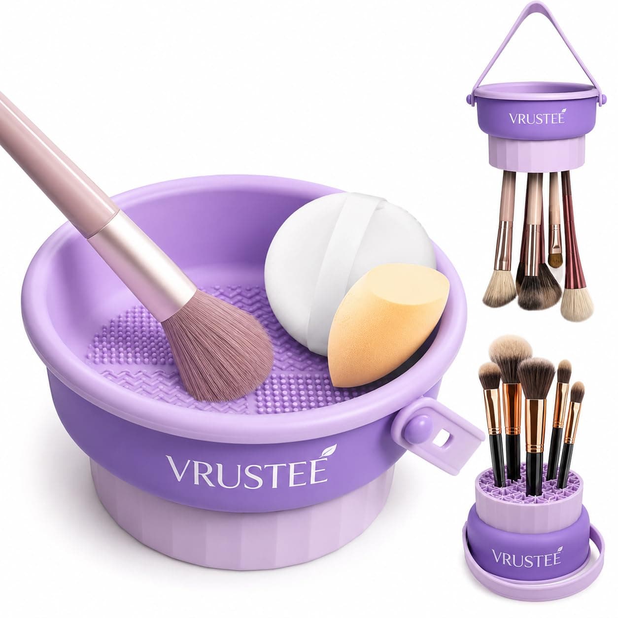 VRUSTEE 3-in-1 Silicone Makeup Brush Cleaner Bowl with Drying Holder – Portable Cosmetic Brush Cleaning Pad with Suction Cups – Brush Washing Bowl, Puff And Sponge Cleaning Tool, Sponge Cleaner