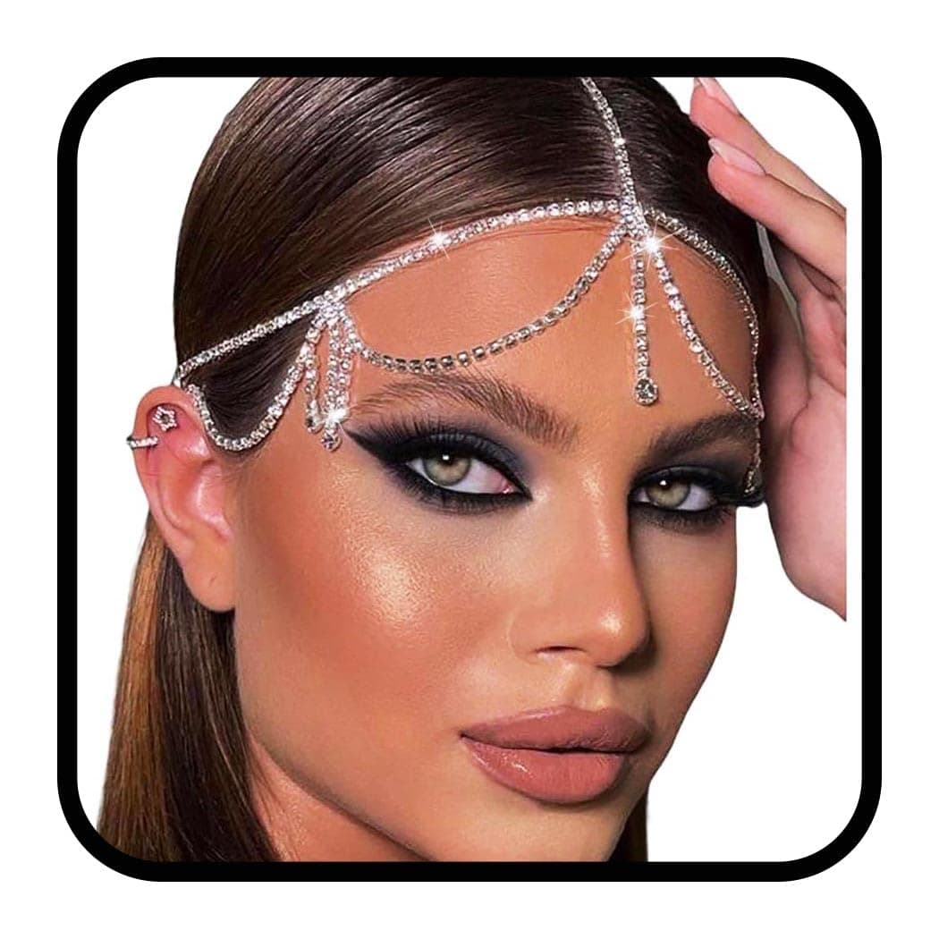 Jerany Rhinestone Head Chain Wedding Silver Headpieces Jewelry Crystal Hair Chain Brides Forehead Chain Halloween Festival Costume Head Jewelry for Women and Girls.