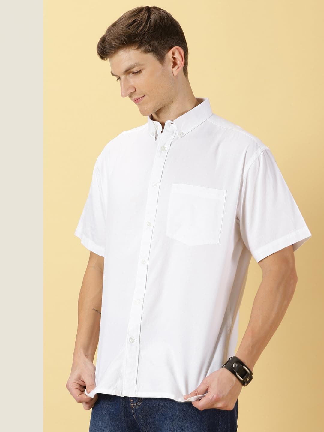 Thomas Scott Men's | Solid | Half Sleeve | Oversized Fit | 100% Cotton | Button Down | Single Pocket | Casual Shirt